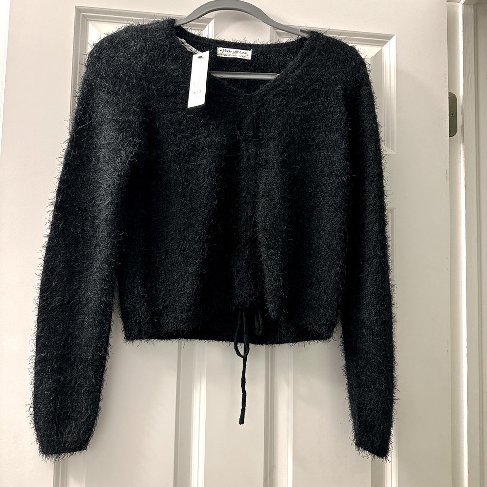 Francesca's super soft and comfortable black sweater with drawstring NWT